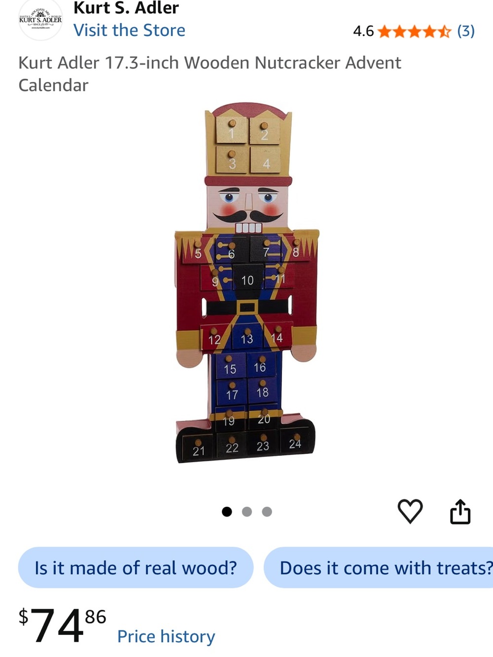 Kurt Adler Red, Blue and Gold Wooden Nutcracker Advent Calendar